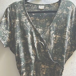 Cotton Tropical VNeck Midi Wrap Short Sleeve Dress w/Belt